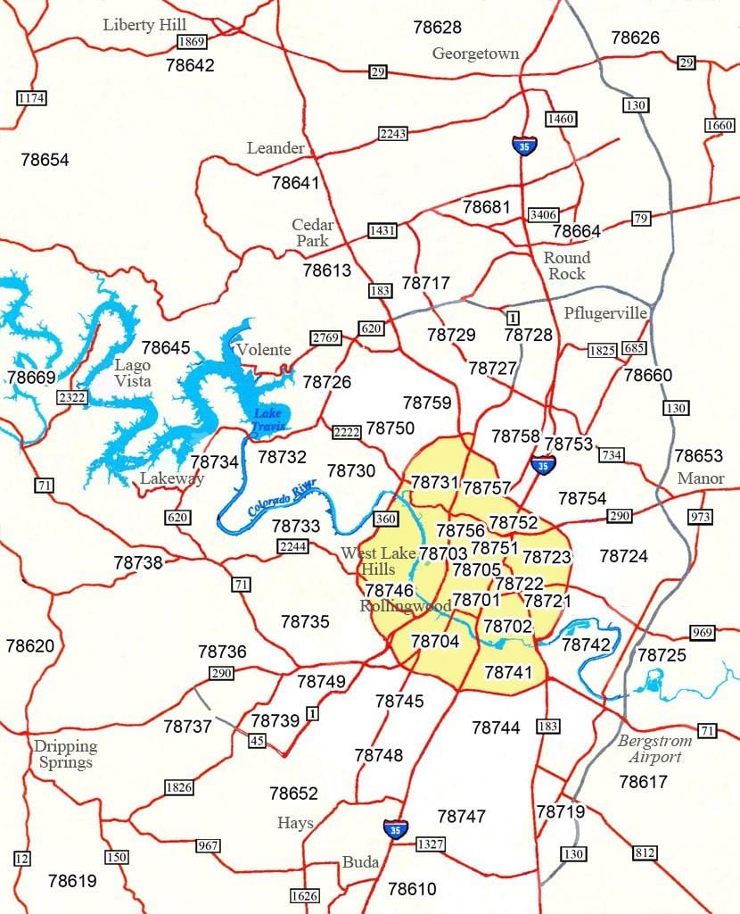 کد پستی و نقشه Austin, Tx
